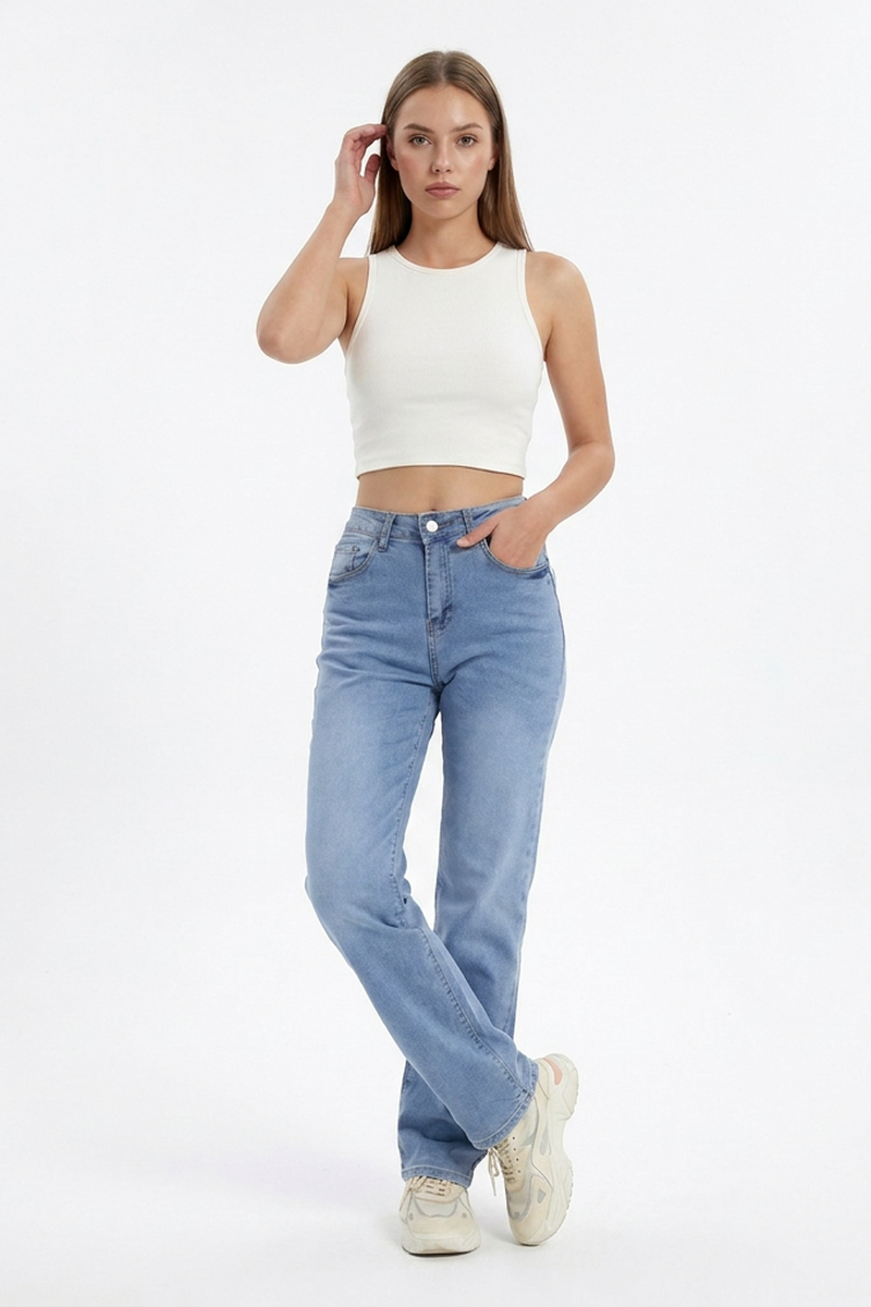 Women's Vintage Mid Waist Stretch Straight Leg Jeans