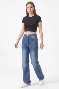 Women's Classic Blue Washed Mid Waist Straight Leg Jeans
