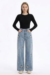 Women's Fall Vintage Embroidered Flowers Wide Leg Jeans