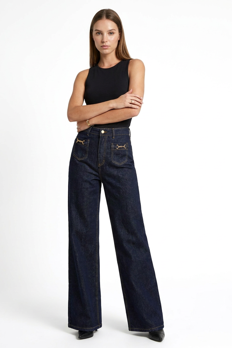 Women's Fall Front Pocket High Waist Stretch Wide Leg Jeans
