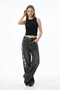 Women's Floral Embroidered Stretch Wide Leg Jeans