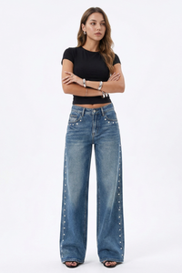Women's Fall Studded Side Wide Leg Jeans