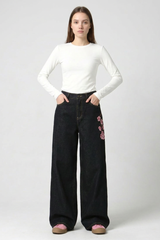Women's Fall Side Floral Embroidered Wide Leg Jeans