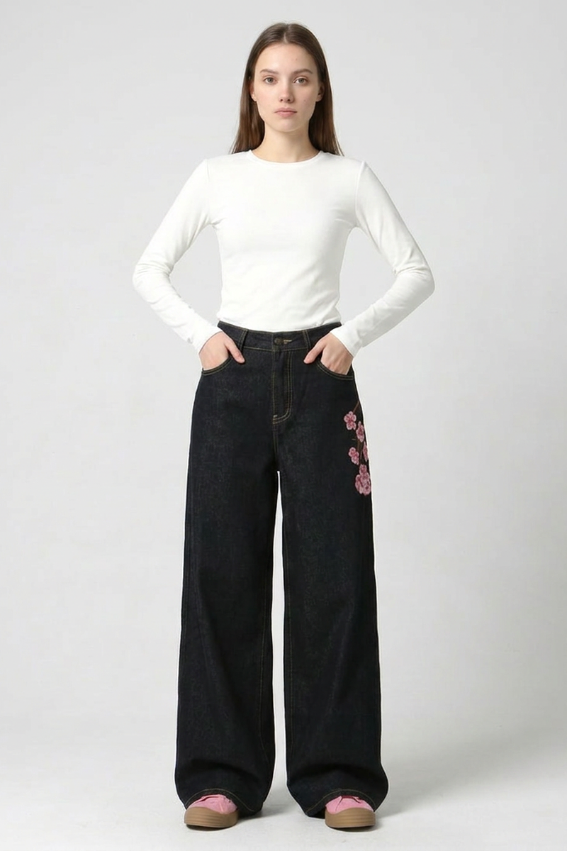 Women's Fall Side Floral Embroidered Wide Leg Jeans