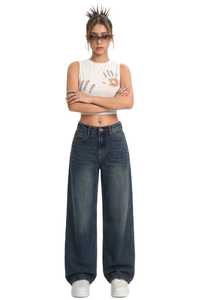 Women's Vintage Washed Mid Waist Loose Wide Leg Jeans