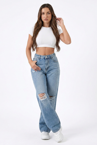 Women's High Waist Straight Leg Ripped Jeans