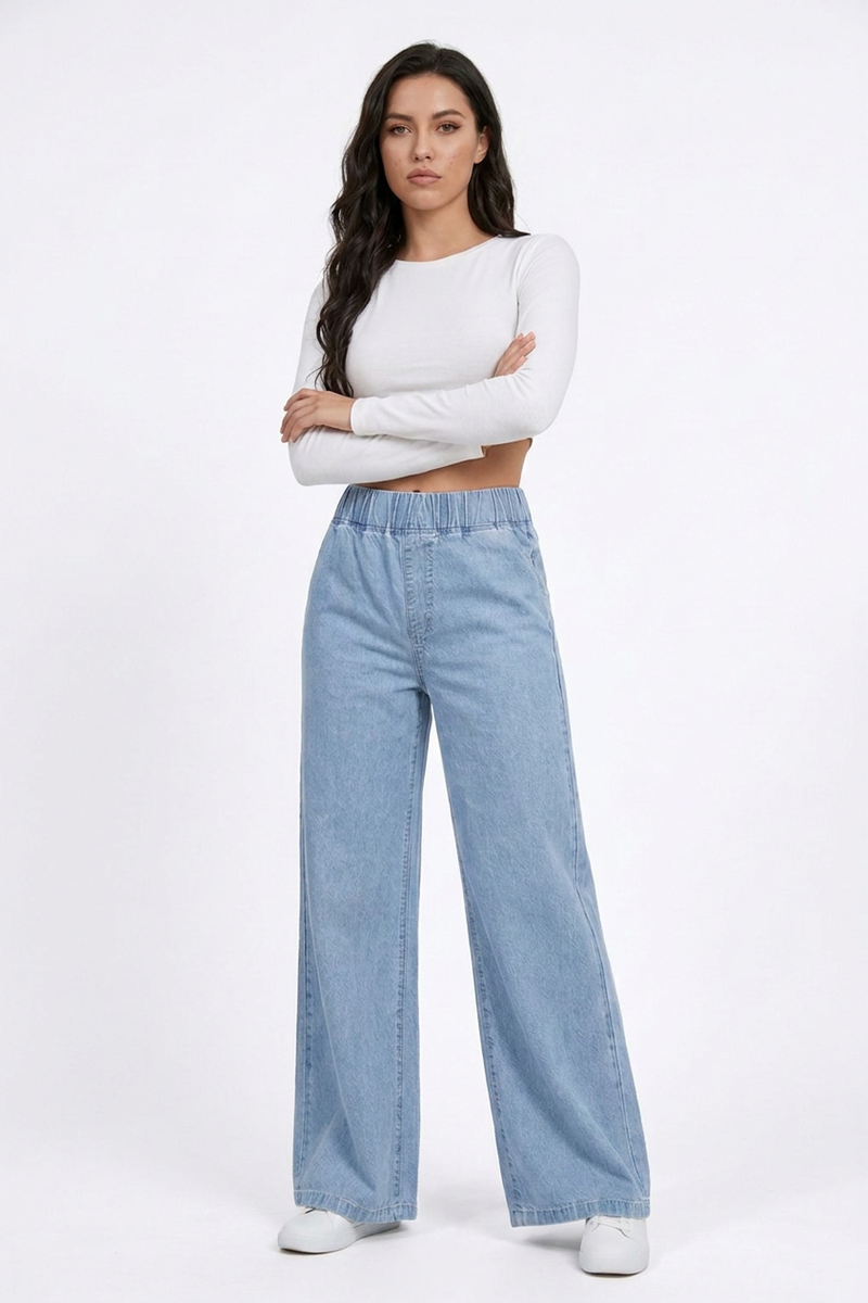 Women's  Elastic-Waist Relaxed Baggy Wide Leg Jeans