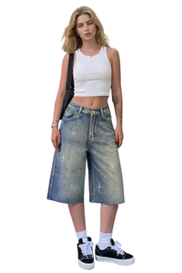 Women's Rhinestone High-Waisted Denim Bermuda Shorts