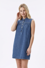 Women's Blue Half-Button Sleeveless Mini Denim Dress