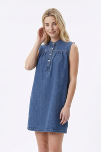 Women's Blue Half-Button Sleeveless Mini Denim Dress