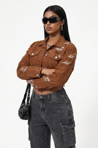 Women's Streetwear Distressed Raw Edge Cropped Denim Jacket