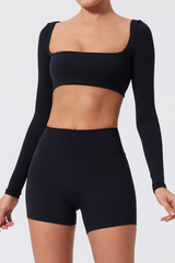 Women's Cropped Long Sleeve Top & Ruched Yoga Shorts Set