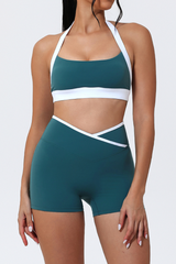 Women's Color-Block Halter Sports Bra & Cross-Waist Shorts Set