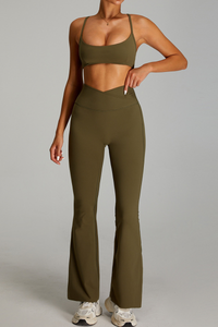 Women's Set:Cross-back  Bra And Criss-cross Waist Flare Pants