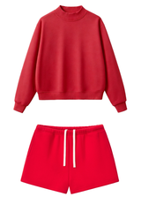 Women Loose Set:Mock Neck Sweatshirt + Shorts