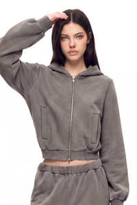 Women's Fall Vintage Washed Distressed Cropped Zip Up Jacket