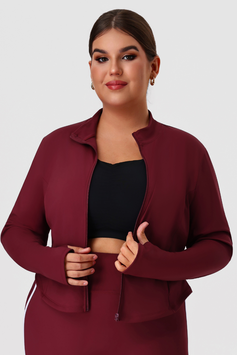 Plus Size Women's Fitted Mock Neck Long Sleeve Pocket Yoga Jacket