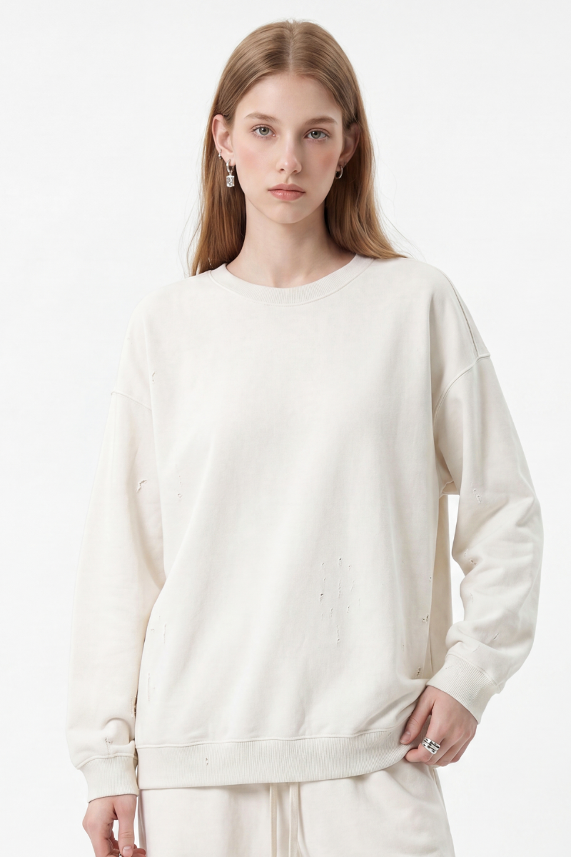 Women's Fall Washed Distressed Loose Drop Shoulder Pullover