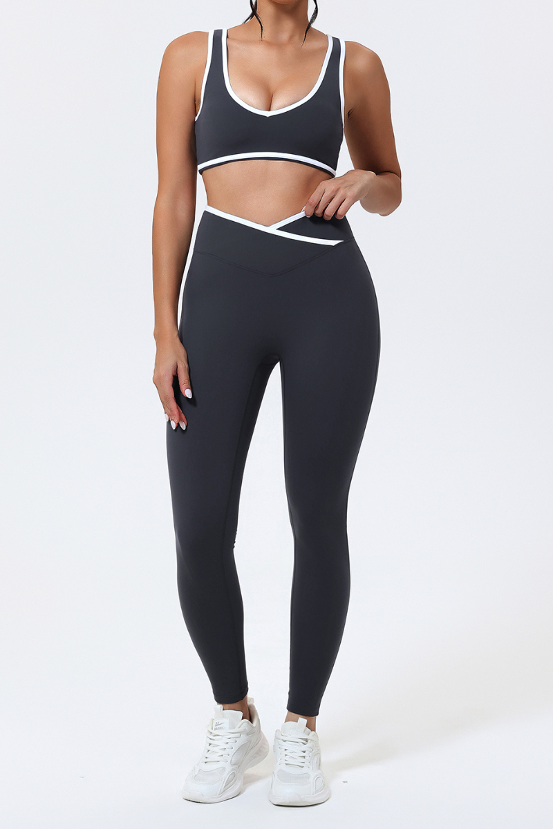 Women's Color-Block Sports Bra & Cross-Waist Sport Leggings Set