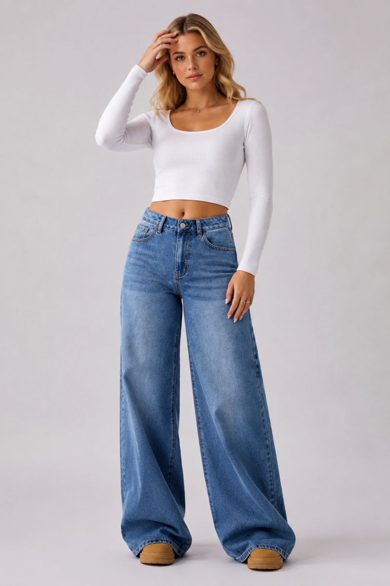 Women's Vintage Wash High Waist Wide Leg Jeans
