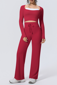 Women Sets:Cropped Long Sleeve T-shirt And Straight Leg Pant