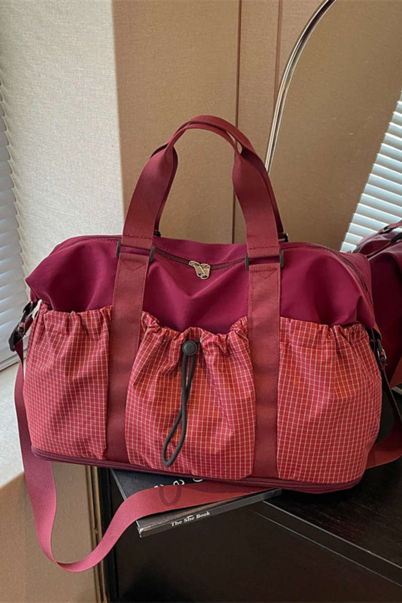 Plaid Drawstring Pocket Expandable Travel Duffle Bag