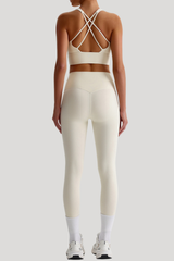 Women Naked Feel Cross Back Yoga Set: High Waisted Seamless Tummy Control Leggings + Crisscross Sports Bra