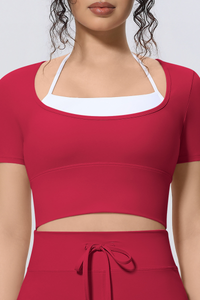 Women Athletic Fake Two Color Block Cropped Halter T-shirt