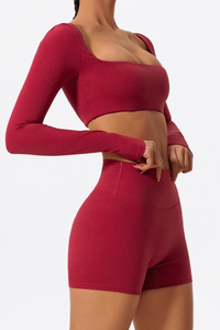 Women's Cropped Long Sleeve Top & Ruched Yoga Shorts Set