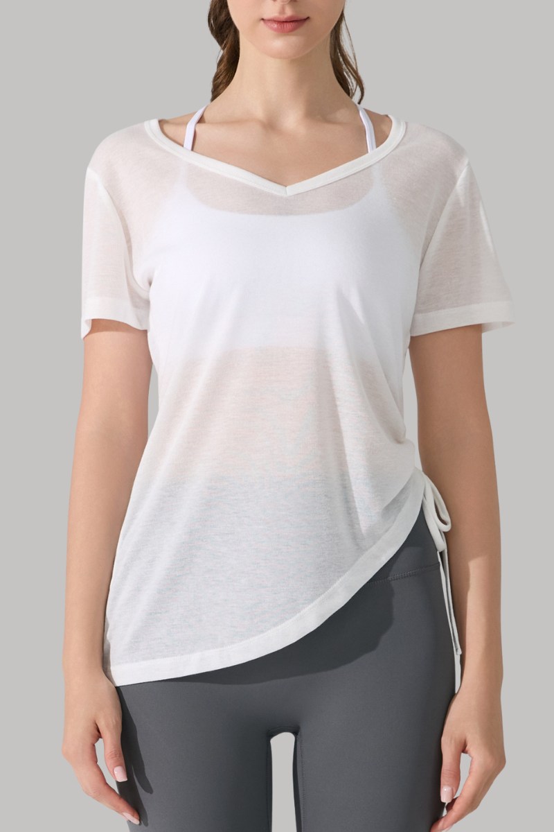 Women's V-Neck Side Drawstring Sheer Lazy Style T-shirt