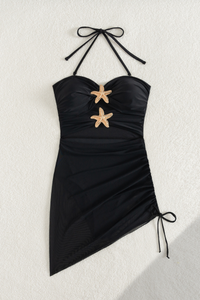 Women's Halterneck Pleated Side Tie Cut Out Solid Swimsuit