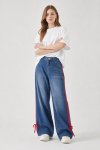 Women's High Waist Wide Leg Jeans with Red Side Stripe