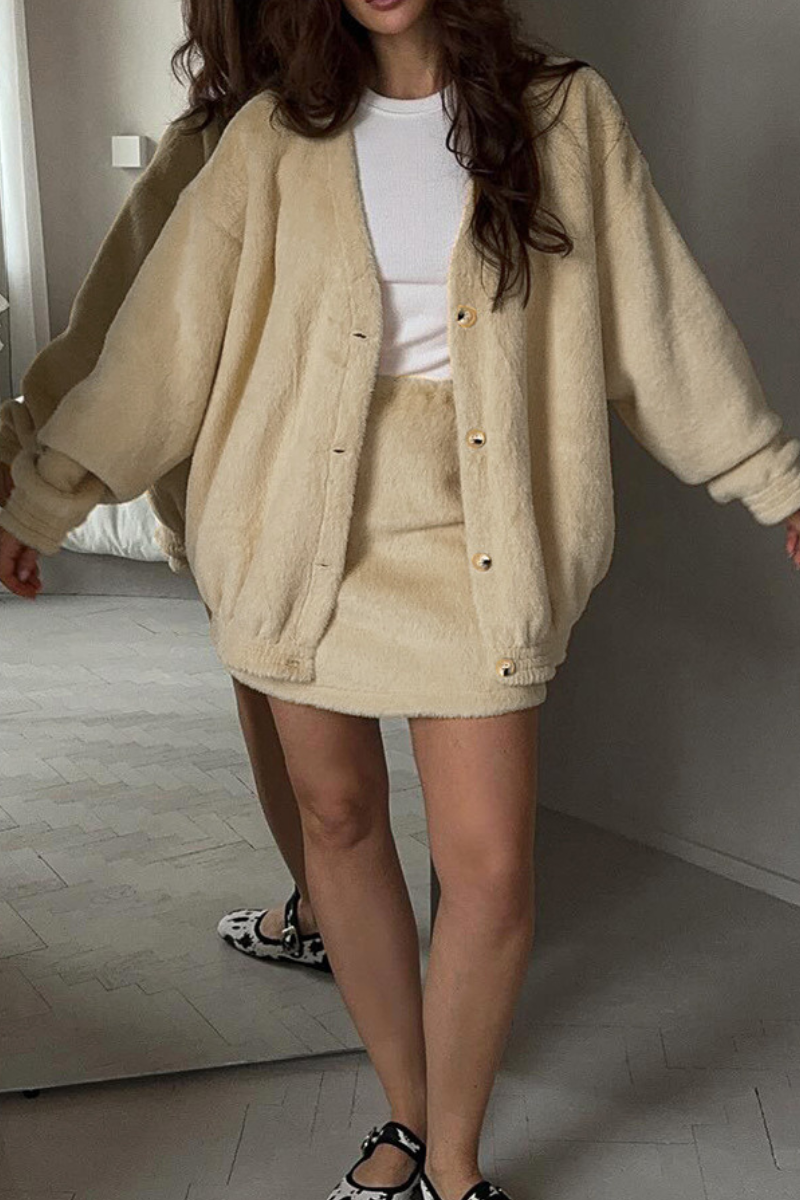 Plush cardigan and short skirt set