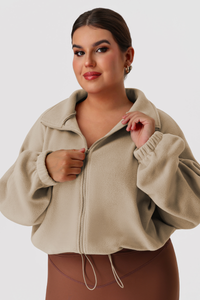 Plus Size Women's Double-Sided Fleece Cropped Drawstring Stand Collar Jacket