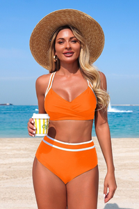 Women's V-neck Color Block High Waist Cross Back Bikini
