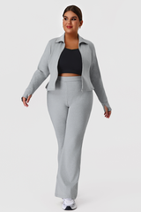 Plus Size Women's Two-Piece Set:Stand Collar Jacket Yoga Flare Pants