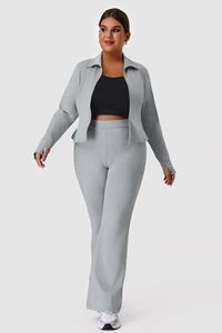 Plus Size Women's Two-Piece Set:Stand Collar Jacket Yoga Flare Pants