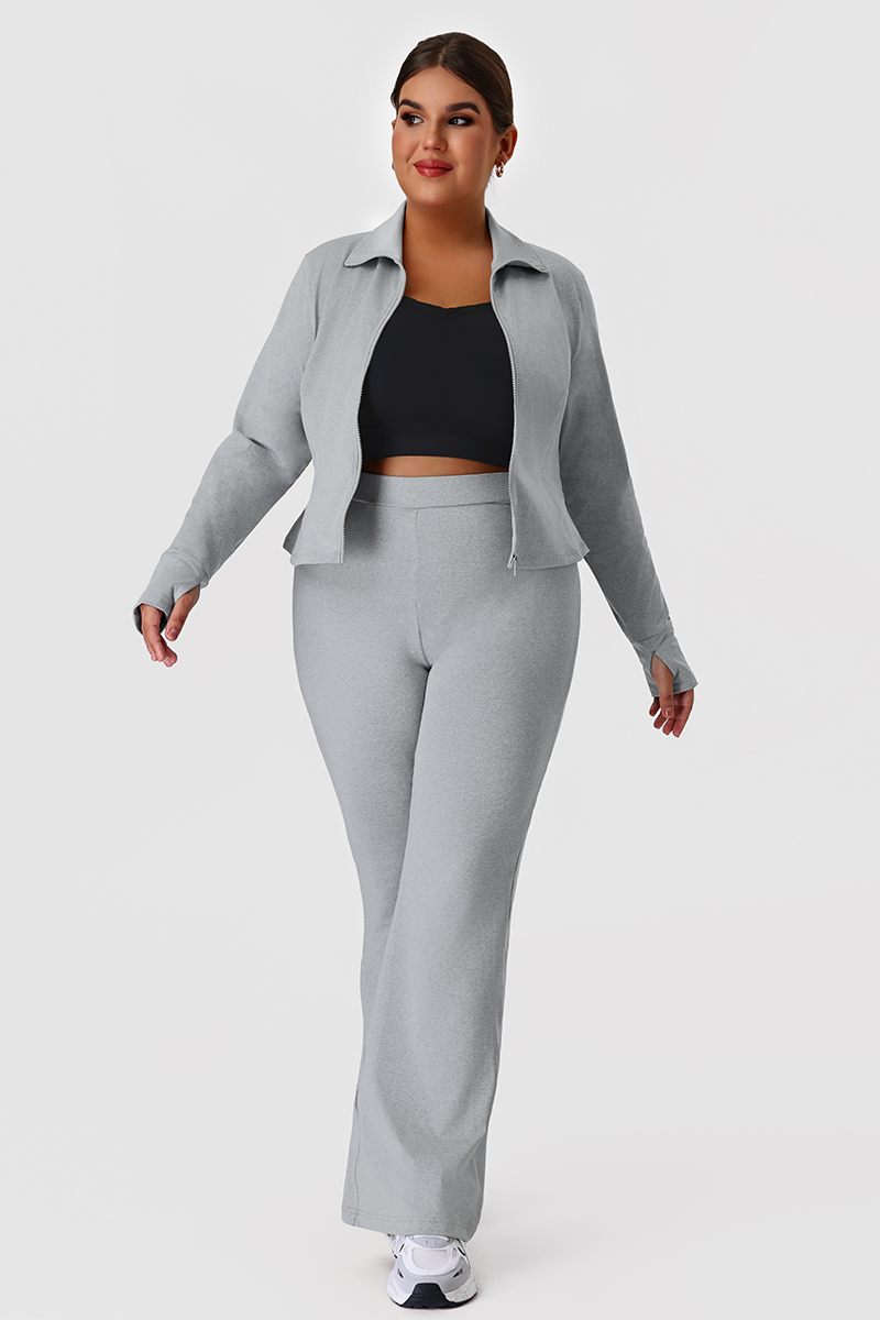 Plus Size Women's Two-Piece Set:Stand Collar Jacket Yoga Flare Pants