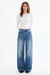 Women's 100% CottonVintage Wash Mid Waist Straight Leg Jeans
