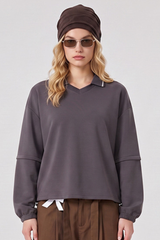 Women's Fall V-Neck Polo Collar Detachable-Sleeve Sweatshirt