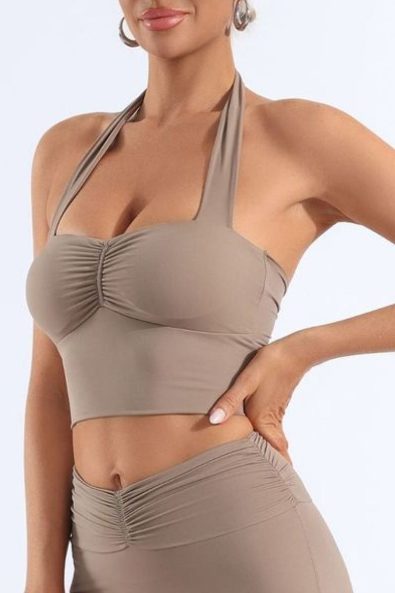 Women's Halter Neck Pleated Twist Back Padded Sports Bra