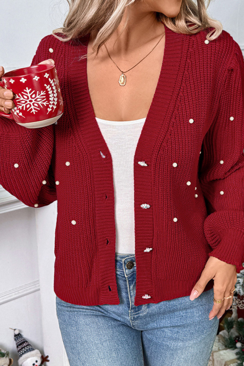Pearled-decorated knitted cardigan