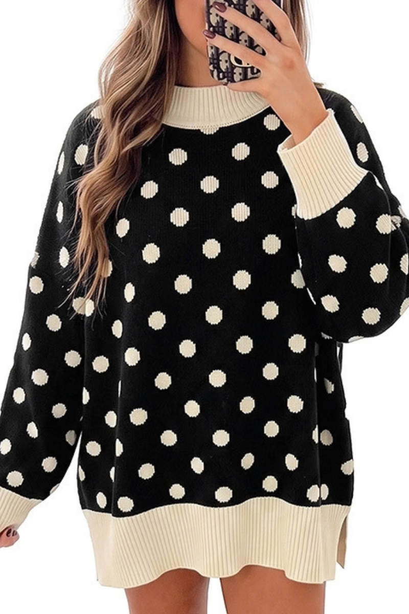 Women's Fall Christmas Polka Dot Long Knit Mockneck Sweater
