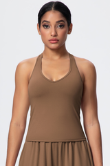 Women’s Brushed-Fabric V-Neck Halter Spaghetti-Strap Open-Back Sports Tank