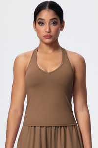 Women’s Brushed-Fabric V-Neck Halter Spaghetti-Strap Open-Back Sports Tank