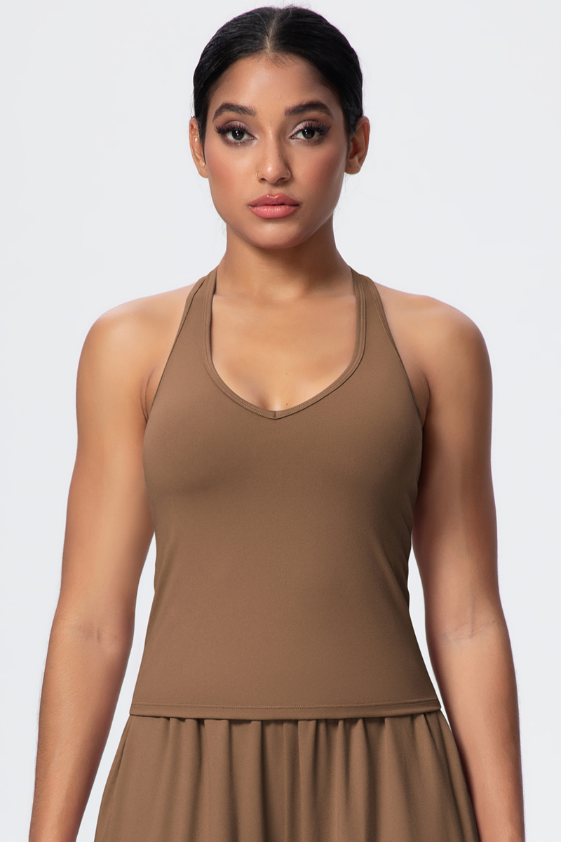 Women’s Brushed-Fabric V-Neck Halter Spaghetti-Strap Open-Back Sports Tank