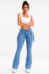 Women's High Waist Stretch Flare Cargo Jeans