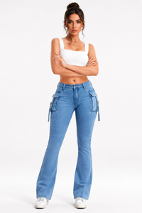 Women's High Waist Stretch Flare Cargo Jeans