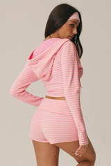 Women's Striped Hooded Zip Crop Jacket & High Waist Shorts