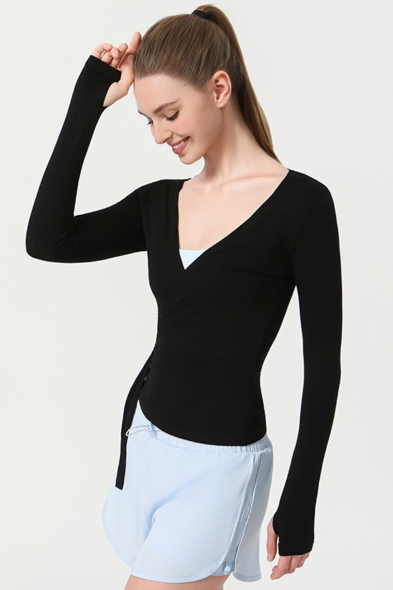 Sexy V-Neck Yoga Top with Drawstring Waist - Slim-Fit Long Sleeve Workout Shirt for Women, Breathable Fitness Tee